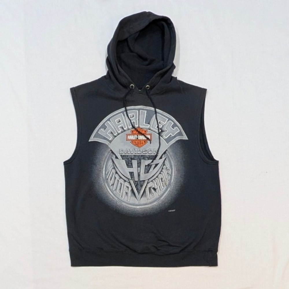 Harley-Davidson Mens Sleeveless Hoodie Black Graphic Biker Vest Large
